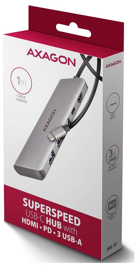 AXAGON SuperSpeed USB-C hub pakiranje koje prikazuje 1 m kabl, HDMI, PD 3 i tri USB-A porta.