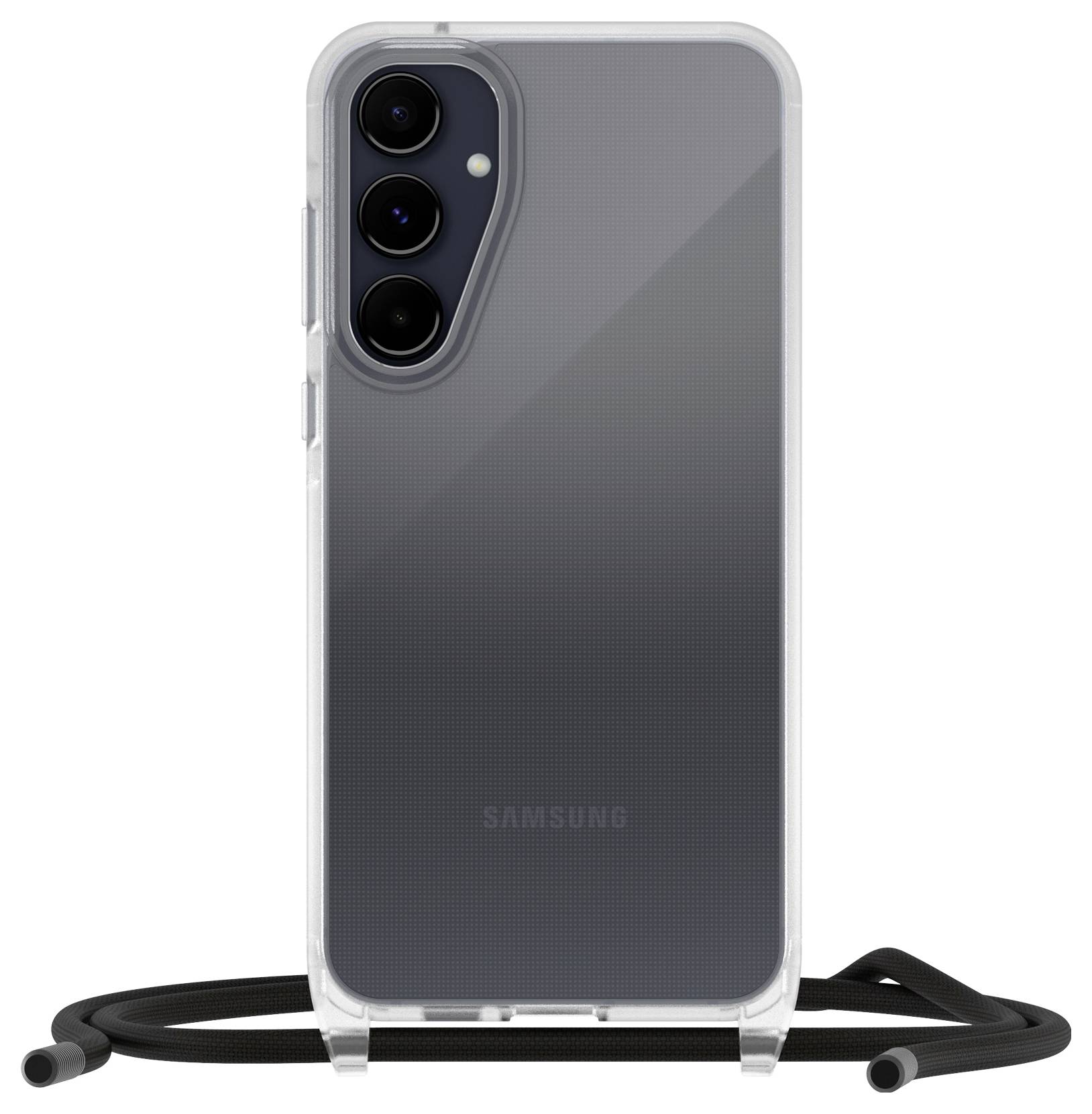 Prozirna zaštitna Samsung futrola za telefon prikazana s crnom trakcom za nošenje pričvršćenom na dnu.