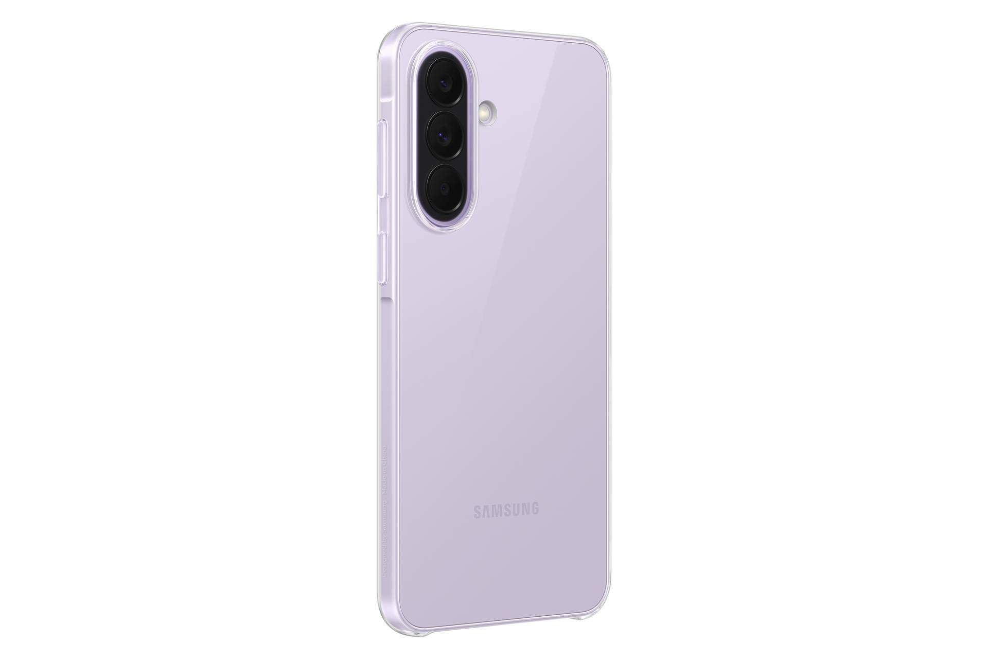 Pogled s leđa laganog lavanda Samsung pametnog telefona s tri stražnje kamere i tankom zaštitnom futrolom.