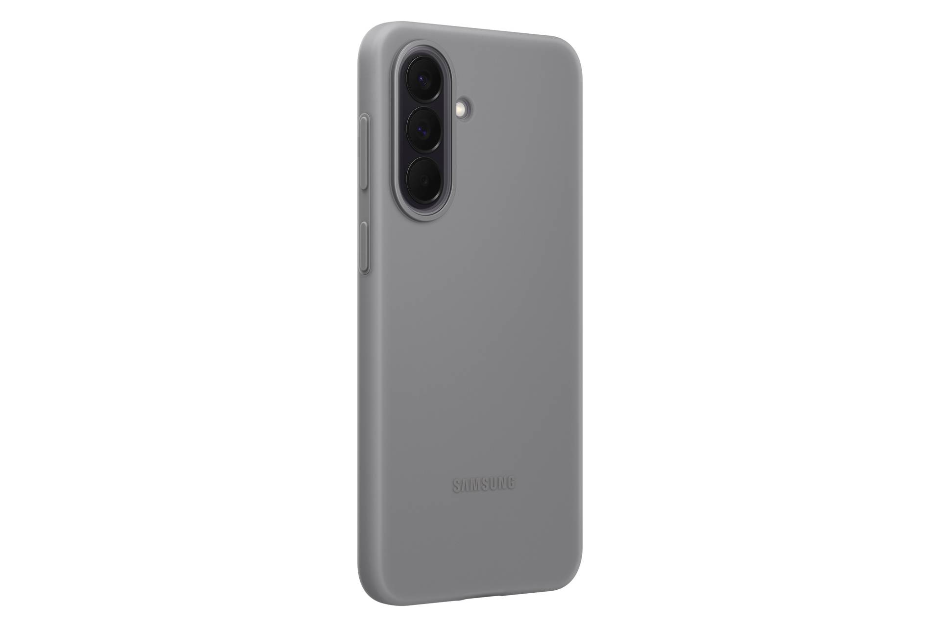 Sivi Samsung pametni telefon prikazan sa stražnje strane, s trostrukim stražnjim kamerama i bljeskalicom na običnoj bijeloj pozadini.