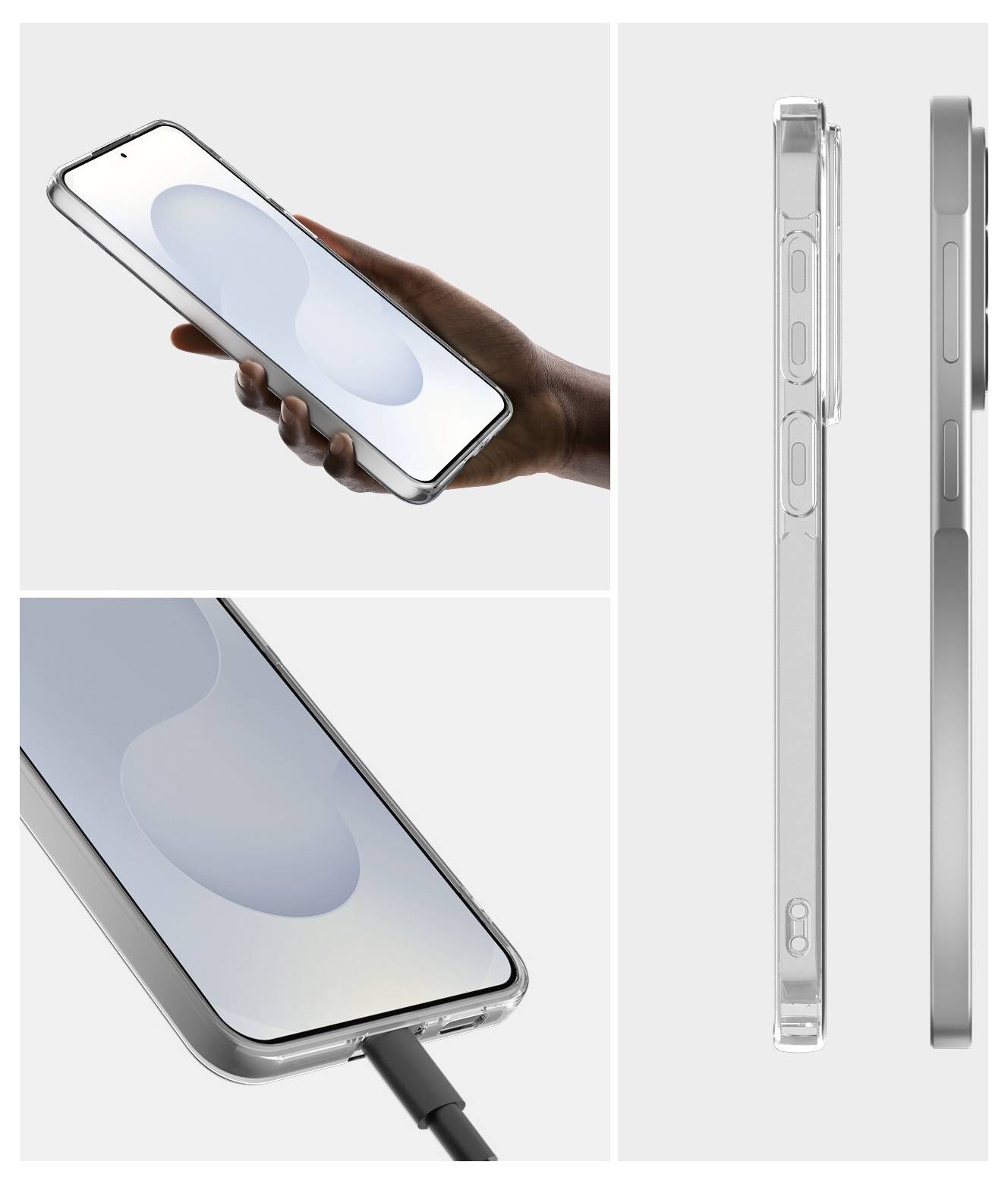 Prozirna maska za smartphone prikazana u ruci, tijekom punjenja i bočnim prikazima, naglašavajući tanki profil, podignute rubove i izreze za tipke