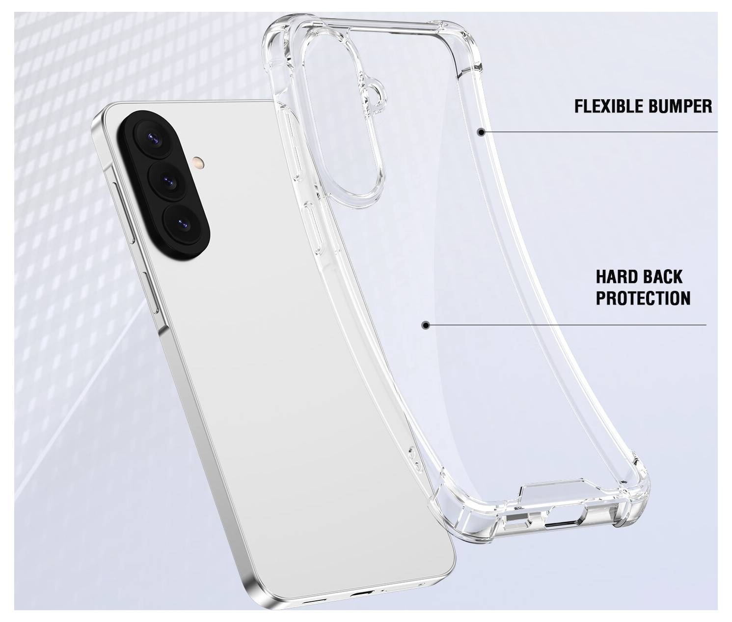 Prozirna zaštita za telefon sa fleksibilnim bampersonom i čvrstom stražnjom zaštitom za pametni telefon s trostrukim kamerama na stražnjem dijelu.