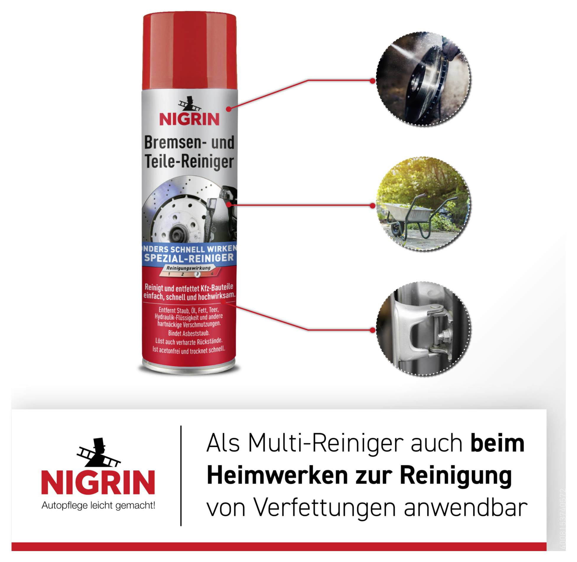 NIGRIN sredstvo za čišćenje kočnica i dijelova u spreju s oznakama koje pokazuju upotrebu na dijelovima kočnica, lanaca bicikla i šarkama; tekst kaže da se koristi i za čišćenje tijekom DIY radova.