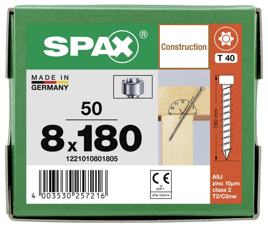 Kutija SPAX građevinskih vijaka, veličina 8x180, paket od 50, proizvedeno u Njemačkoj, s barkodnom i specifikacijama proizvoda na etiketi.