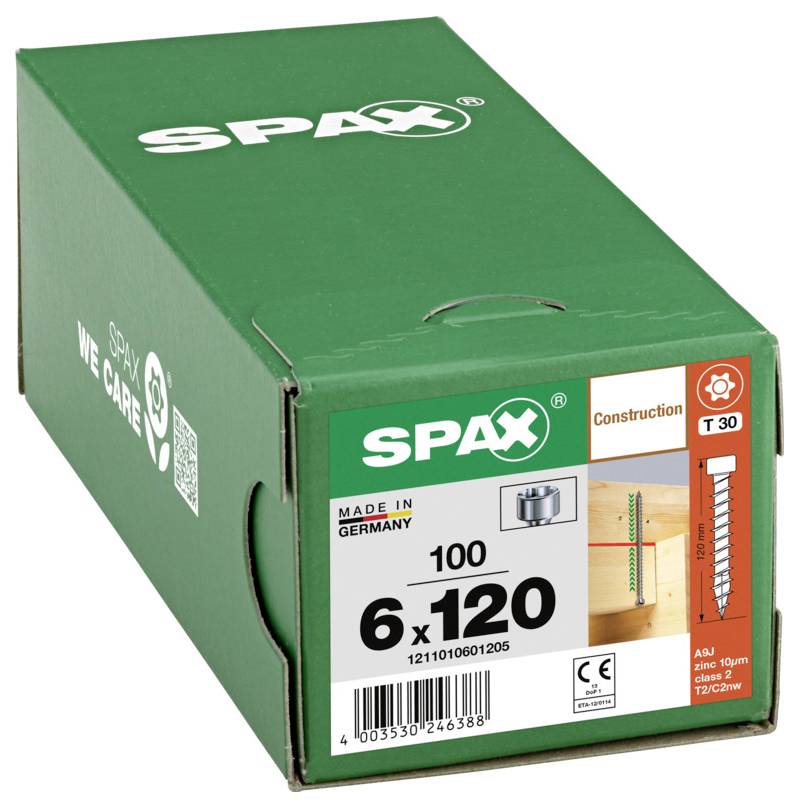 Zelena kutija SPAX građevinskih vijaka označena s '6 x 120' s 'T 30' i 'Made in Germany' na prednjoj strani.