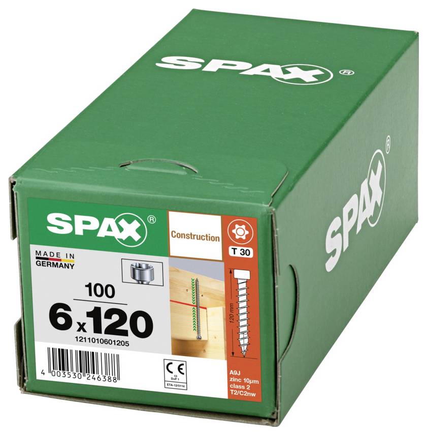 Zelena kutija SPAX građevinskih vijaka s etiketom 6 x 120, sadržaj 100 komada, proizvedeno u Njemačkoj.