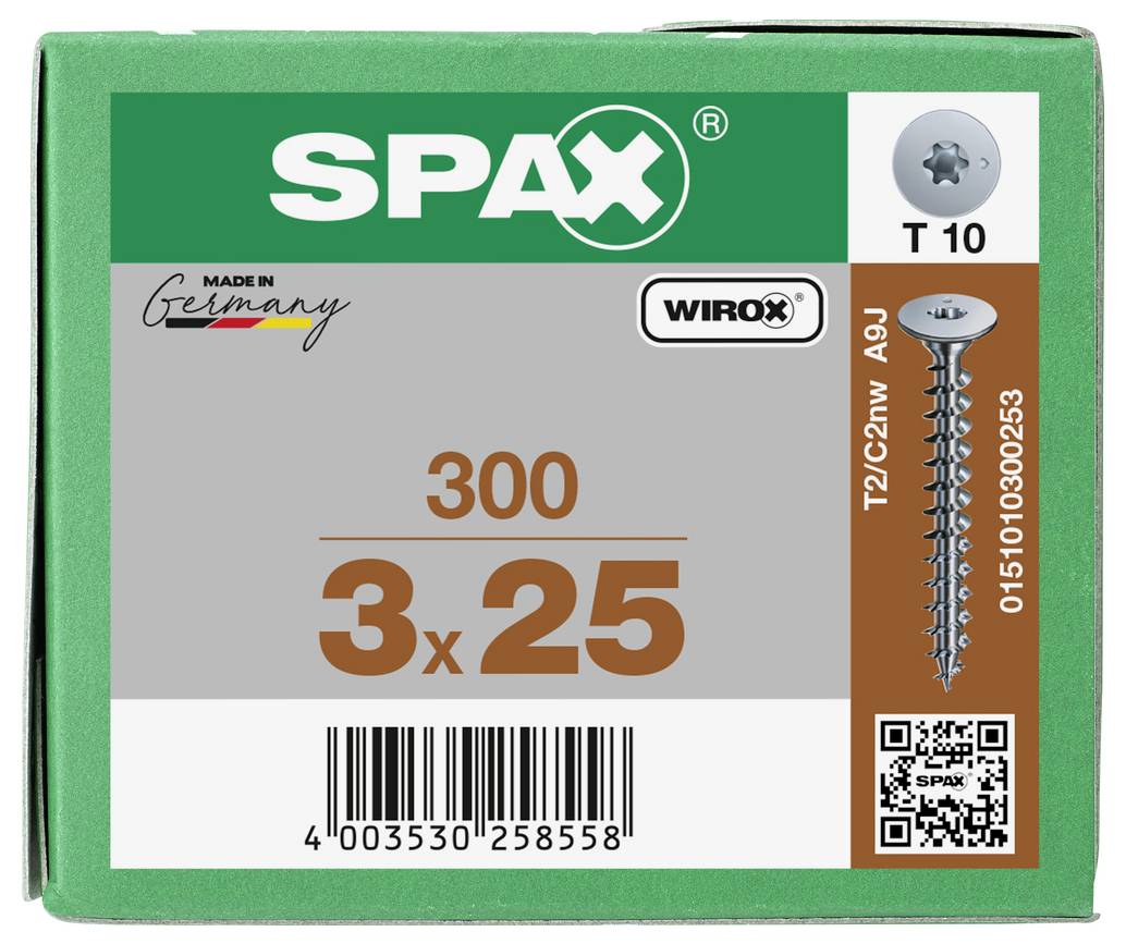 SPAX kutija za vijke označena '300 3x25' s pogonom T10, 'Made in Germany' i barkod/QR kod.