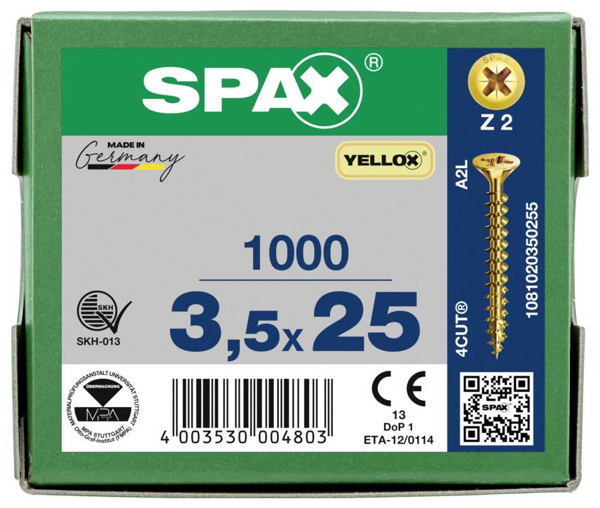 Kutija SPAX YELLOX 3.5x25 vijaka, pakovanje od 1000 komada, sa slikom proizvoda, barkoda i tehničkih oznaka na prednjoj strani.