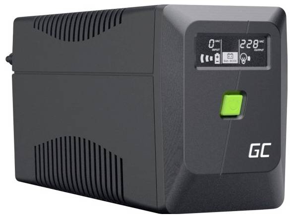Crna stolna UPS baterijska zaštita sa digitalnim zaslonskom prikazom, zelenim gumbom za napajanje i logotipom 'GC', prikazana na bijeloj pozadini.