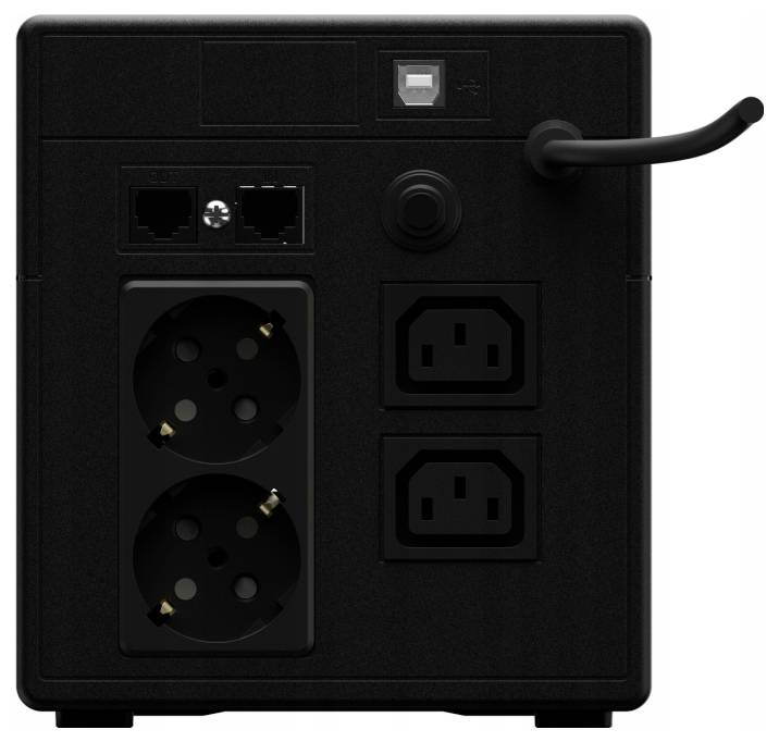 Crna neprekidna napajanja s dva Schuko utičnica, dva IEC utičnica, dva Ethernet porta i kabelom za napajanje na desnoj strani.