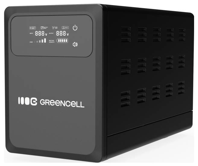 Crni Greencell neprekidni izvor napajanja s digitalnim zaslonom koji prikazuje ulaz, izlaz, razinu baterije, ikone snage i prigušivanja.