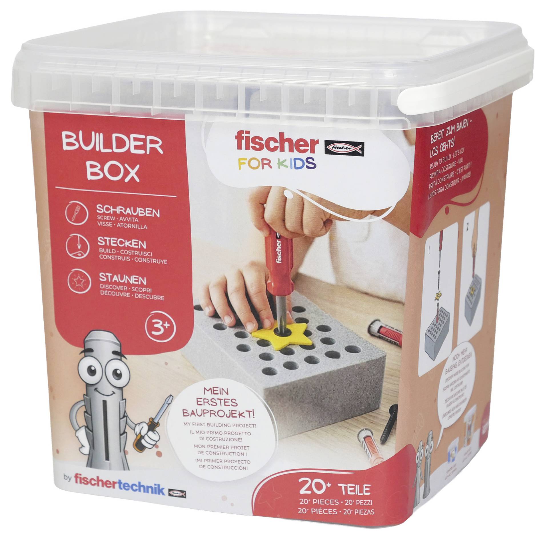 Fischertechnik 'Builder Box' set za građenje za djecu u plastičnoj kutiji za pohranu, prikazuje dijete koje koristi odvijač na modelu koji gradi, od 3 godine naviše.