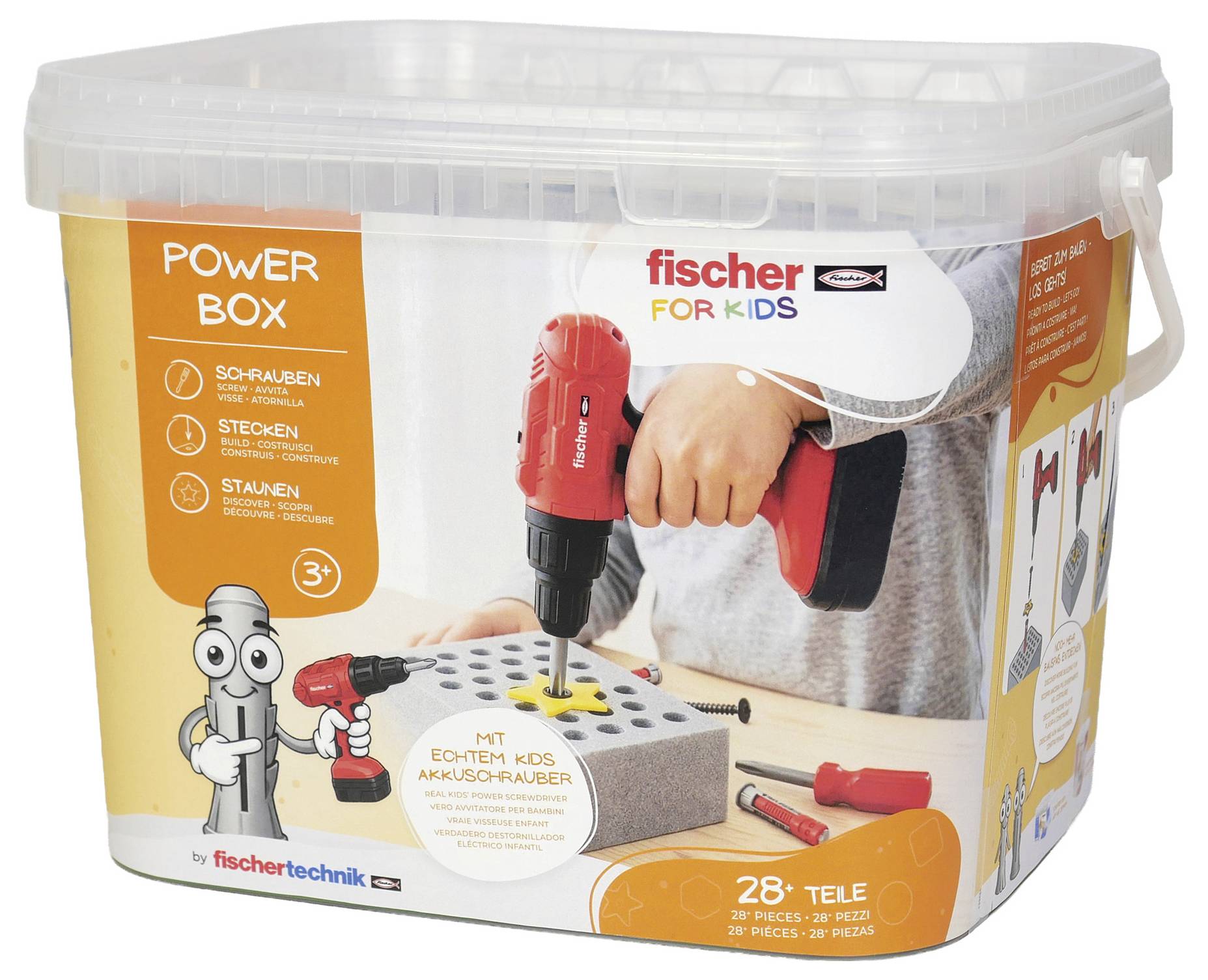 Fischer Technik za djecu Power Box u prozirnoj kutiji za pohranu, prikazuje dijete koje koristi crveni igračku bušilicu sa vijcima i građevnim dijelovima; 28 dijelova.