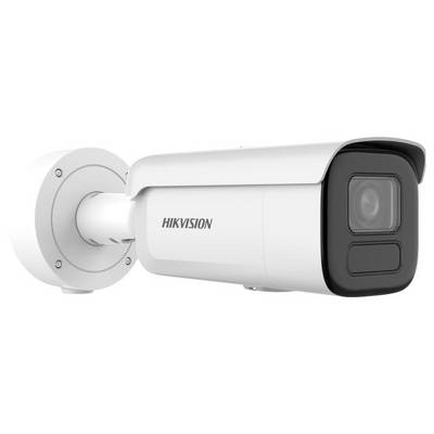Bijela Hikvision metka sigurnosna kamera montirana na zidnom zagrađivaču, prikazana u bočnom pogledu na običnoj pozadini.