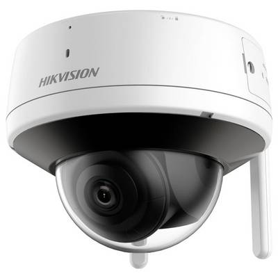 Bijela kupola sigurnosna kamera Hikvision s crnom lećom ispod prozirne zaštitne kupole.