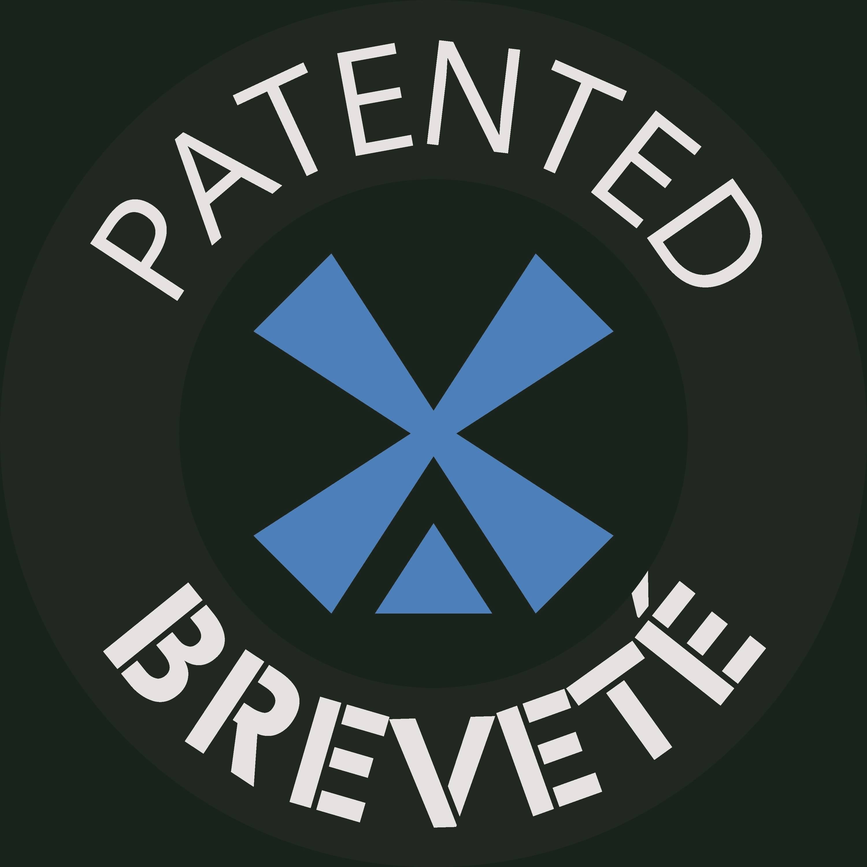 Logo Patent Breveté: plava geometrijska X simbola centrirana u tamnom krugu, s "PATENTED" iznad i "BREVETÉ" ispod.