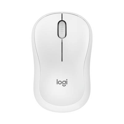 Bijeli Logitech 'logi' bežični miš prikazan iz ptičje perspektive na običnoj pozadini.