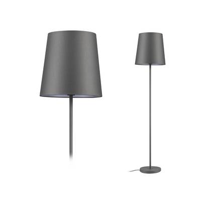 Modernu tamnosivog boja podnu lampu sa suzuženom sjenilom, prikazanu u detaljnom pregledu i ukupnom prikazu na bijeloj pozadini.