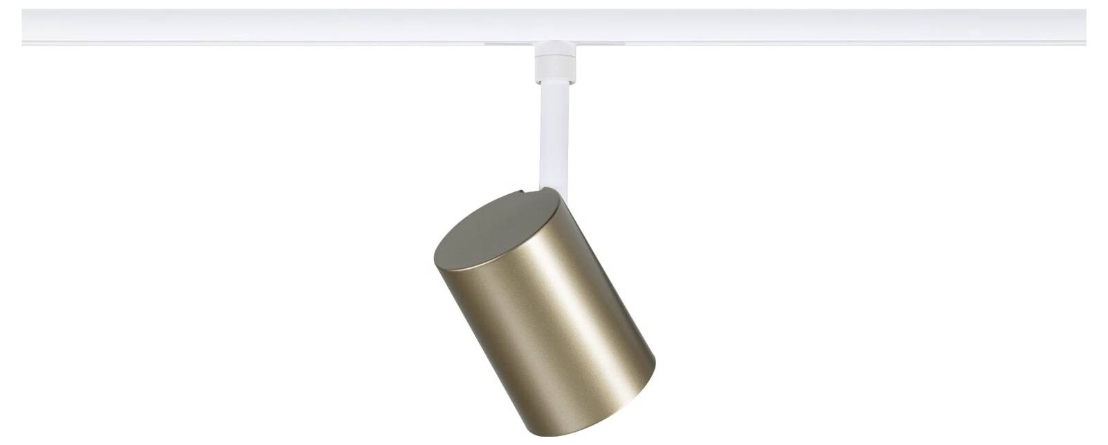 Pojedinačna cilindnična reflektorska lampa obješena na bijelu stropnu šinu, nagnuta prema dolje pred običnom bijelom pozadinom.