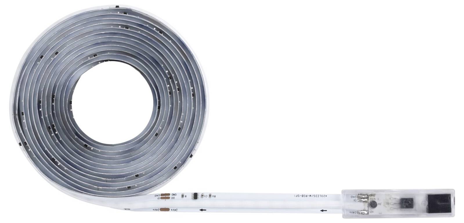 Namotani sivi fleksibilni kabel ili cijev s priloženim bijele boje vodičem i prozirnim konektorskim modulom na bijeloj pozadini.