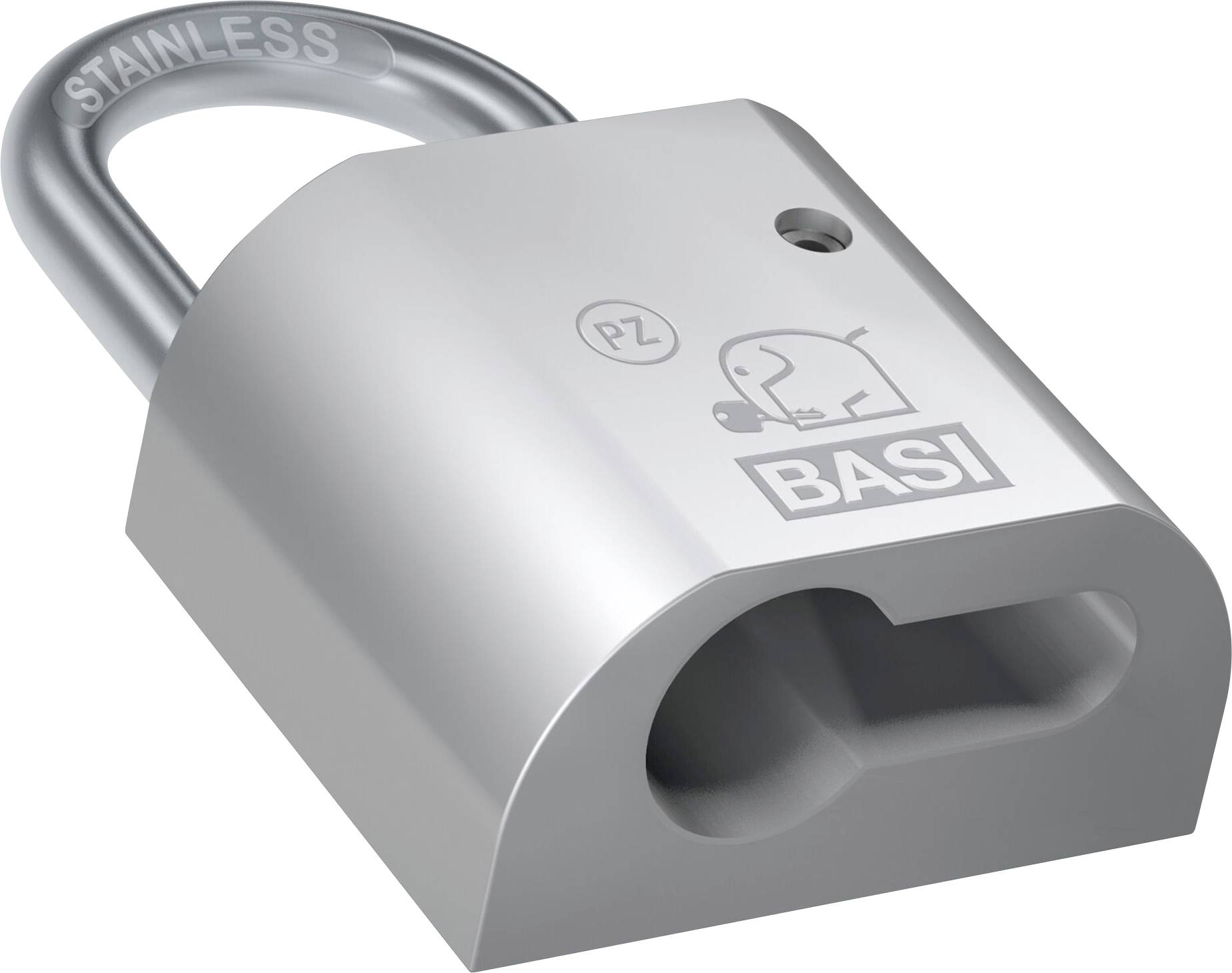 Srebrni padlock od nehrđajućeg čelika s BASI logotipom i ključaonico, prikazan na bijeloj pozadini.