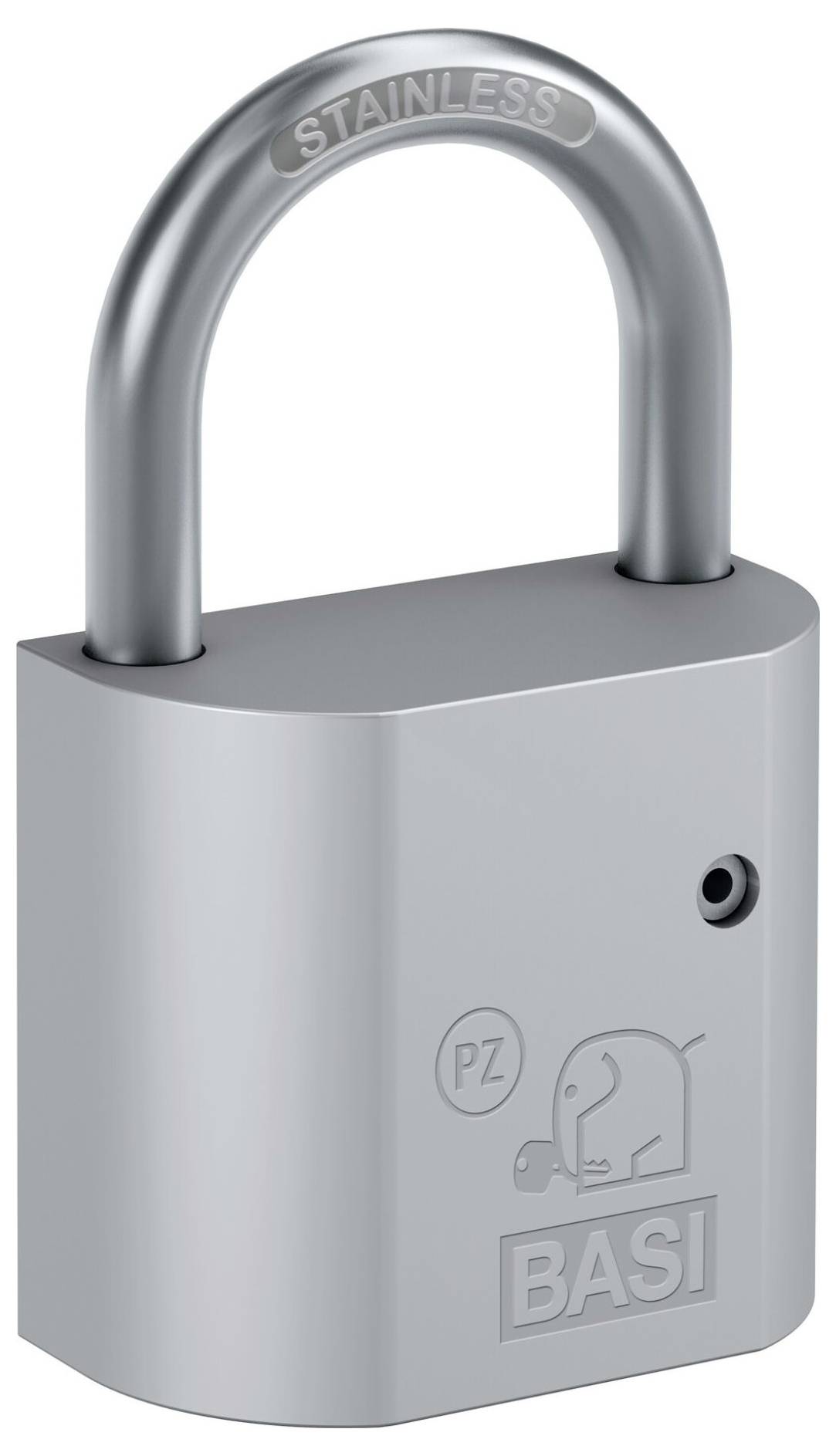 Srebrna padlock od nehrđajućeg čelika s закругљеним душком и logotipom 'BASI' na prednjoj strani, prikazana na bijeloj pozadini.