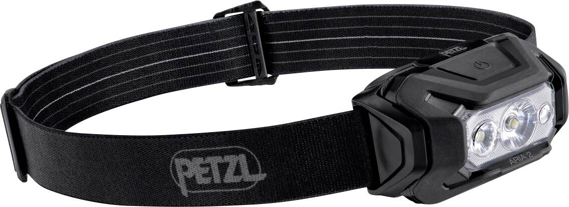 Crna Petzl čeona lampa s prilagodljivom traksom za glavu, prikazana u bočnom pogledu na bijeloj pozadini.