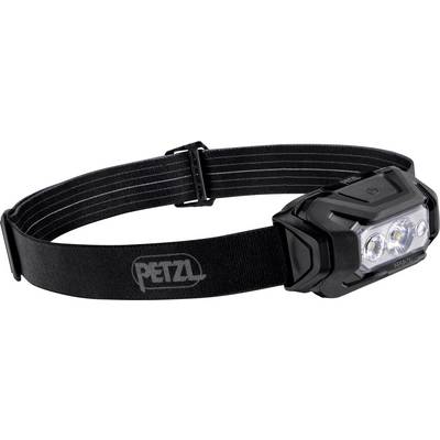 Crna Petzl čeona lampa s prilagodljivom traksom za glavu, prikazana u bočnom pogledu na bijeloj pozadini.
