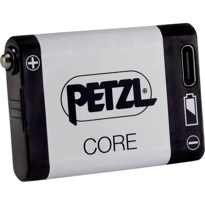Petzl CORE punjiva baterijska paket s USB-C priključkom, prikazan u približenom prikazu na bijeloj pozadini.