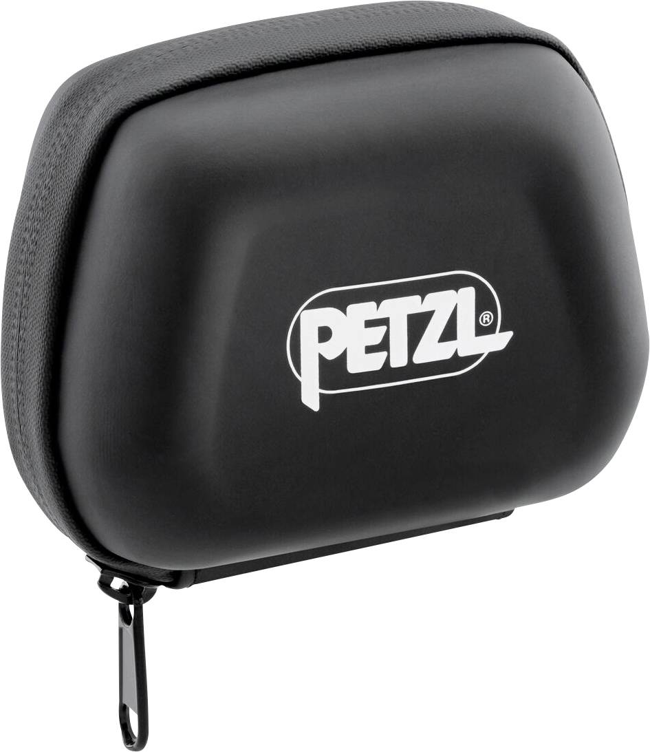 Crna torbica sa patentnim zatvaračem Petzl sa logotipom na prednjoj strani, prikazana izolirano na bijeloj pozadini.