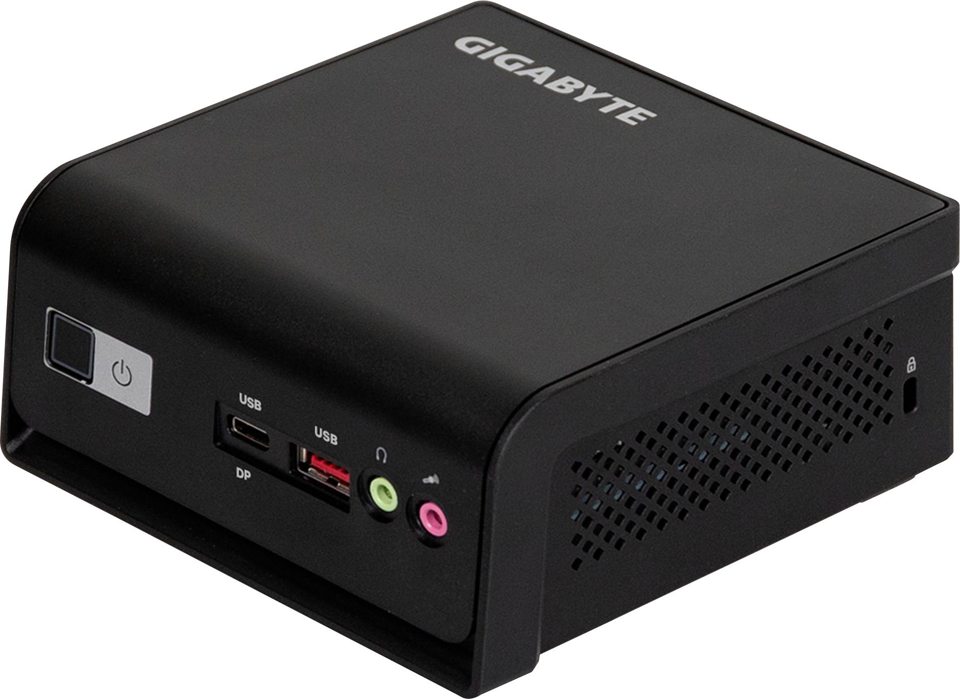 Crni Gigabyte mini PC s prednjim gumbom za napajanje, USB-C, USB-A, audio utičnicama za slušalice i mikrofon te bočnom ventilacijom.