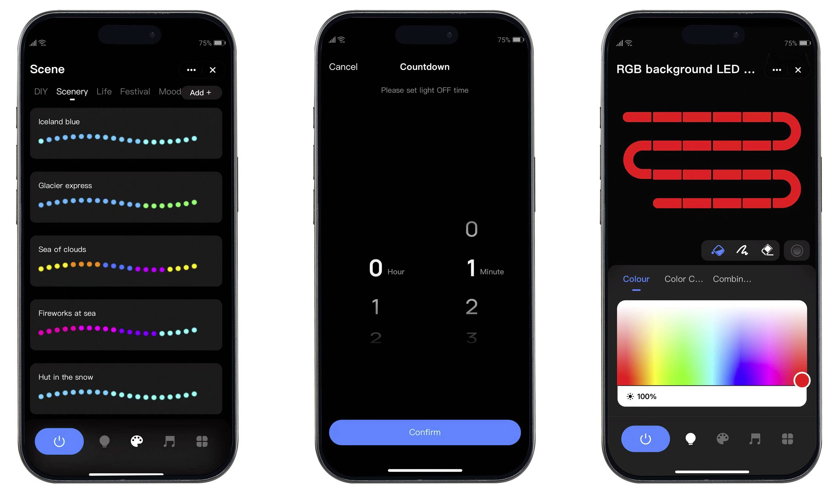Tri ekrana aplikacije za pametni telefon prikazuju kontroler pametne rasvjete: unaprijed postavljene scene s uzorcima obojenih točaka, odbrojavanje, i kontrolu pozadinske RGB LED rasvjete s birošem boja.