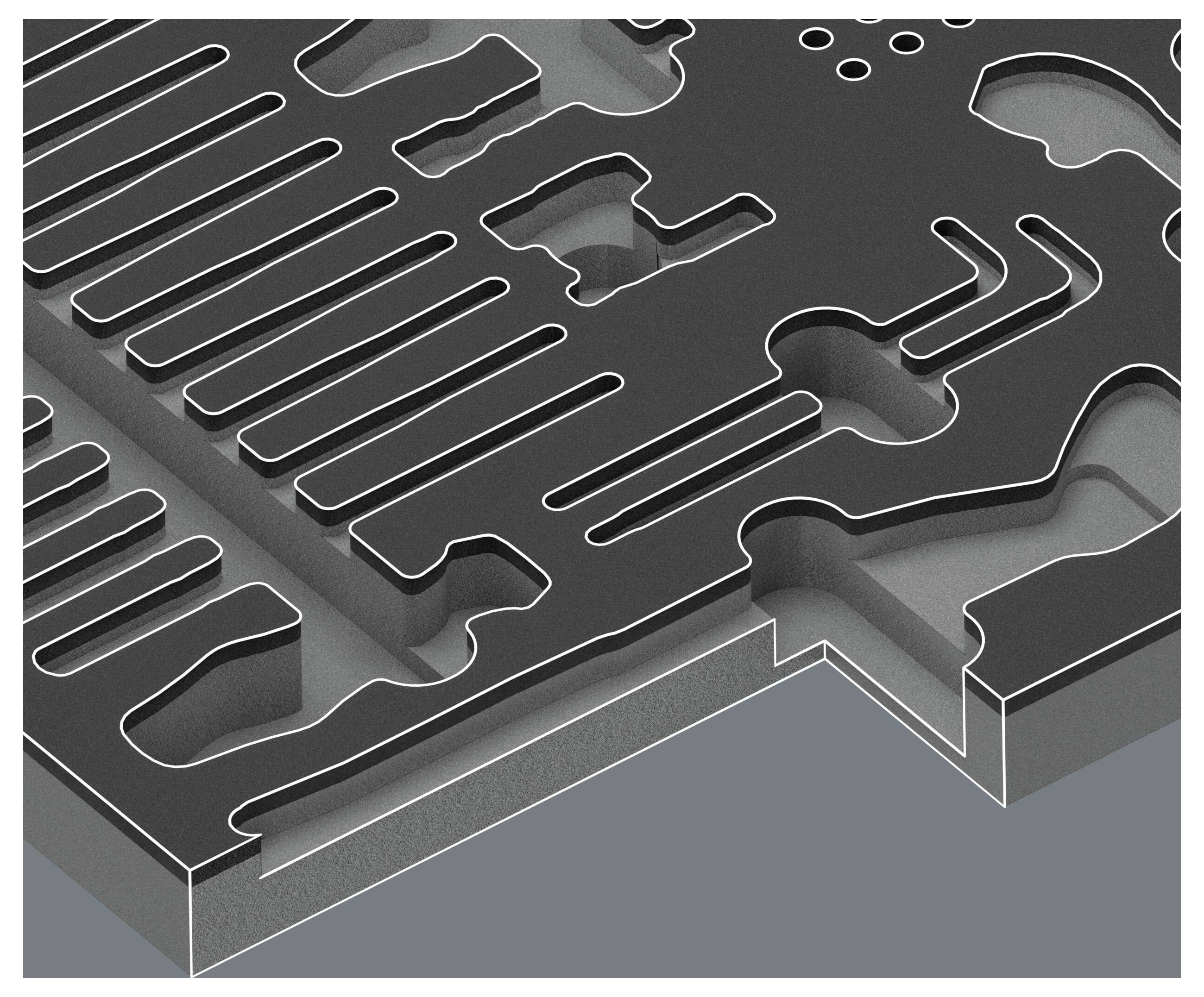 Apstraktna 3D ilustracija međusobno povezanih metalnih dijelova sličnih slagalici u sivim tonovima, prikazana u perspektivi na neutralnoj pozadini.