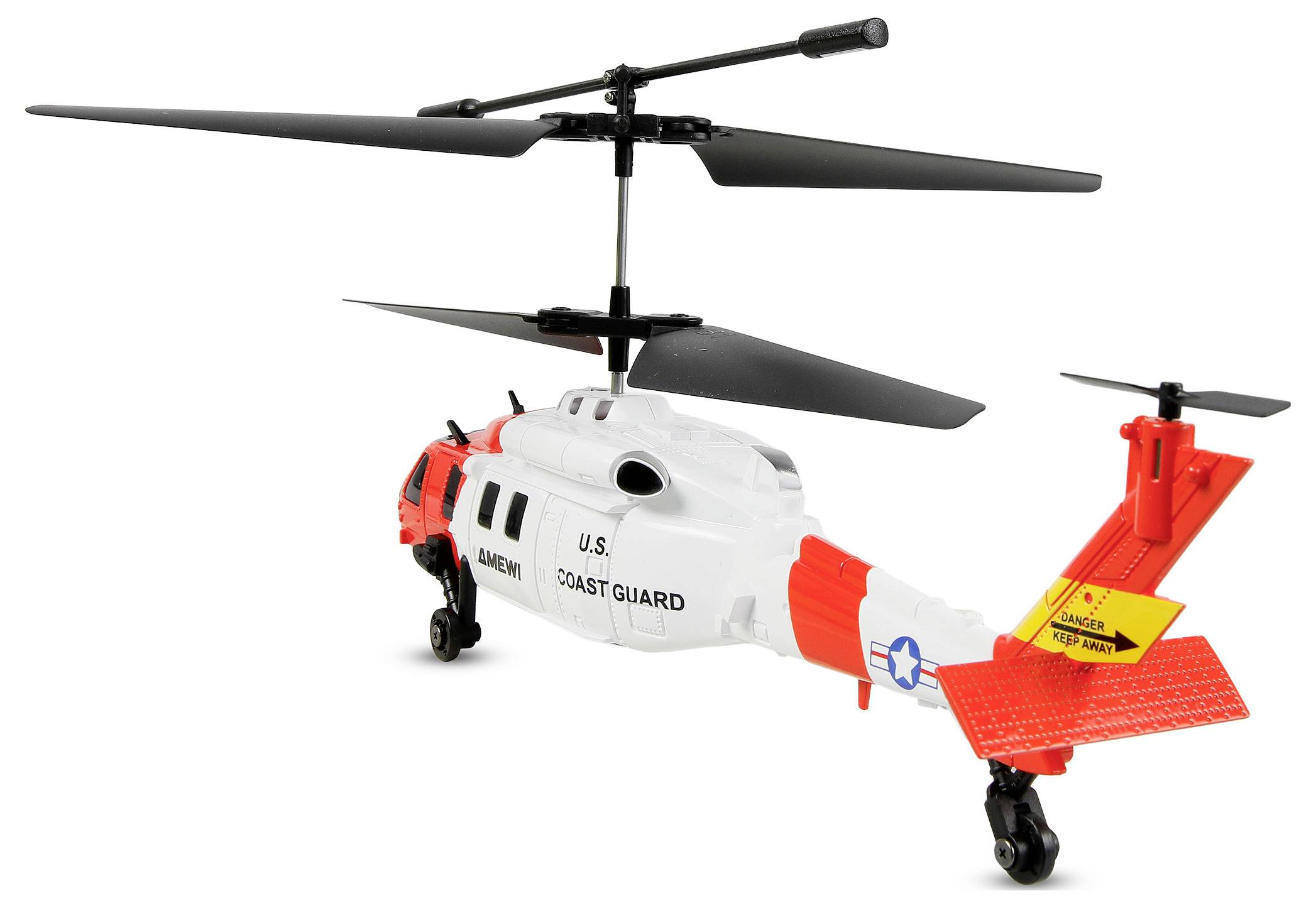 Model helikoptera za spašavanje Obalne straže SAD-a s dvostrukim rotorom, bijelim trupom i crveno-narančastim akcentima na jednostavnoj pozadini.