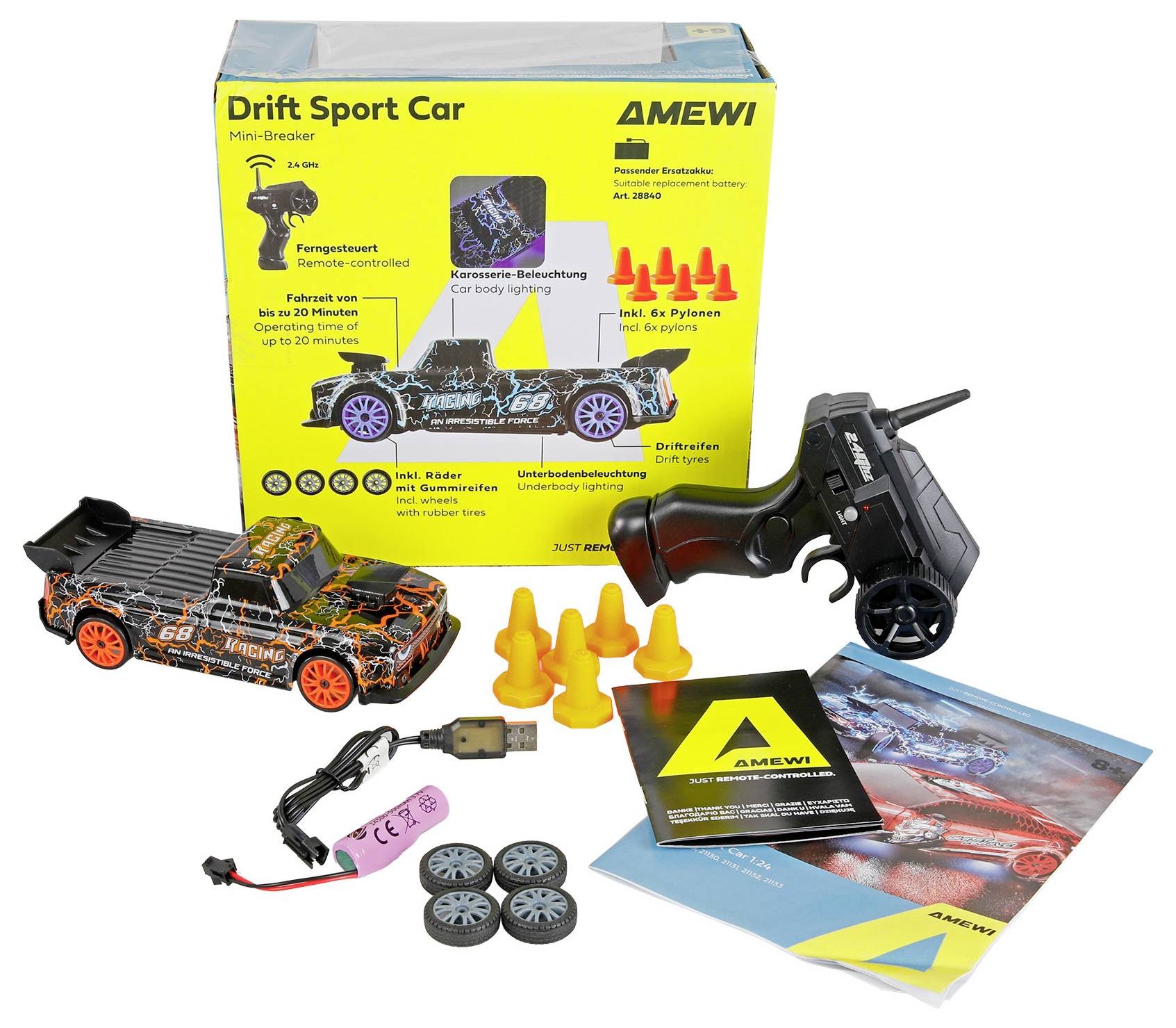 Daljinski upravljani drift sportski auto komplet s kontrolerom, baterijom, USB kablom za punjenje, stošcima, rezervnim gumama i uputama za upotrebu.