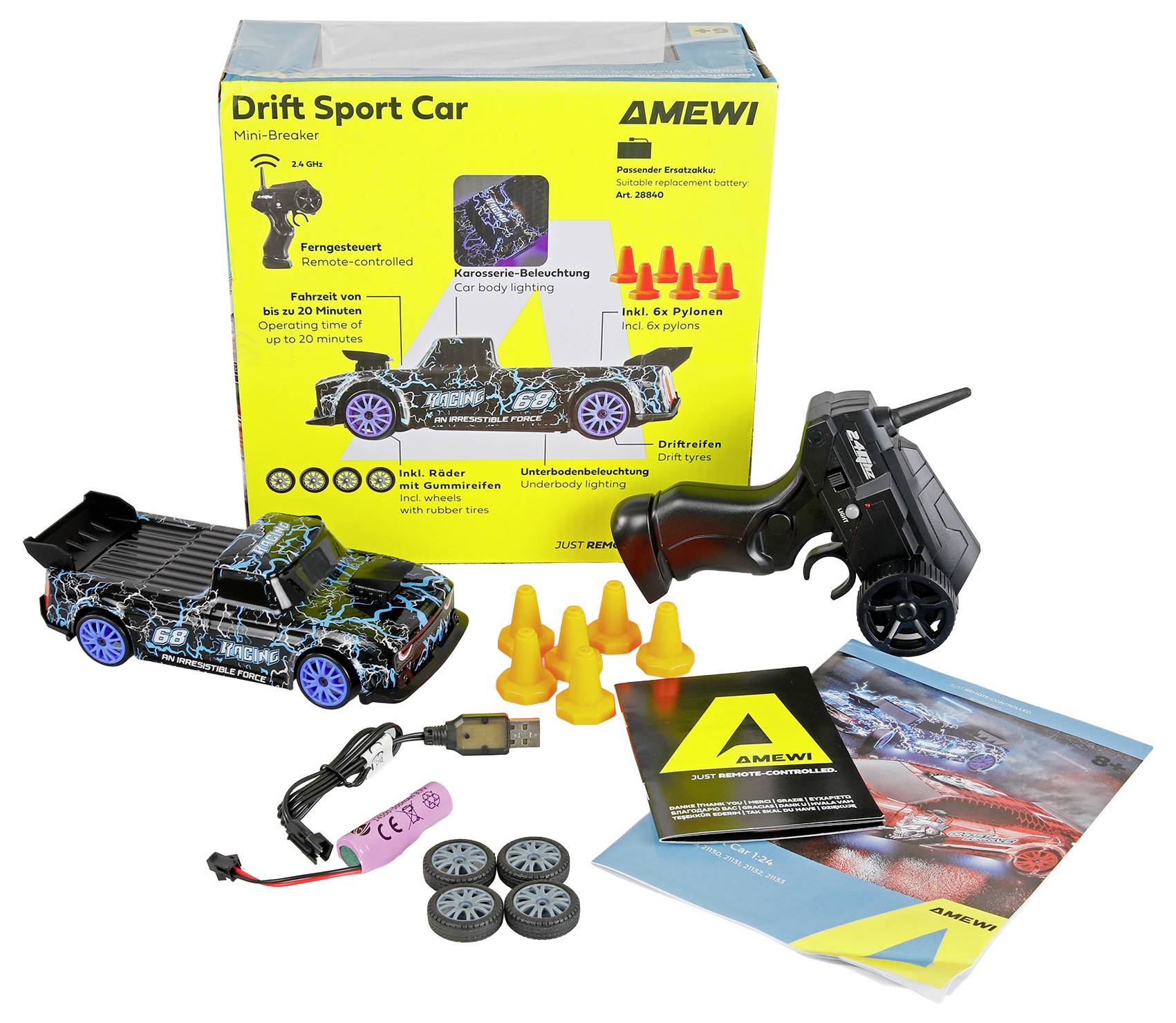 AMEWI Drift Sport Car mini-komplet-paket s daljinskim upravljanjem automobila, kontrolerom u obliku pistolj, stošcima, USB kabelom, baterijom i priručnicima sa uputama.