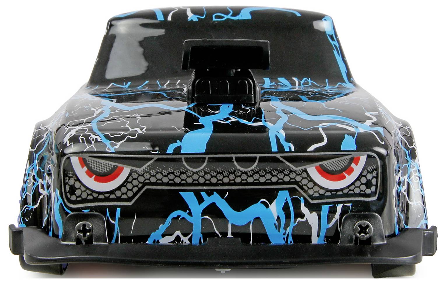 Prednji pogled crnog igračka monster-trucka s plavim grafika munja i crvenim očima na bijeloj pozadini.