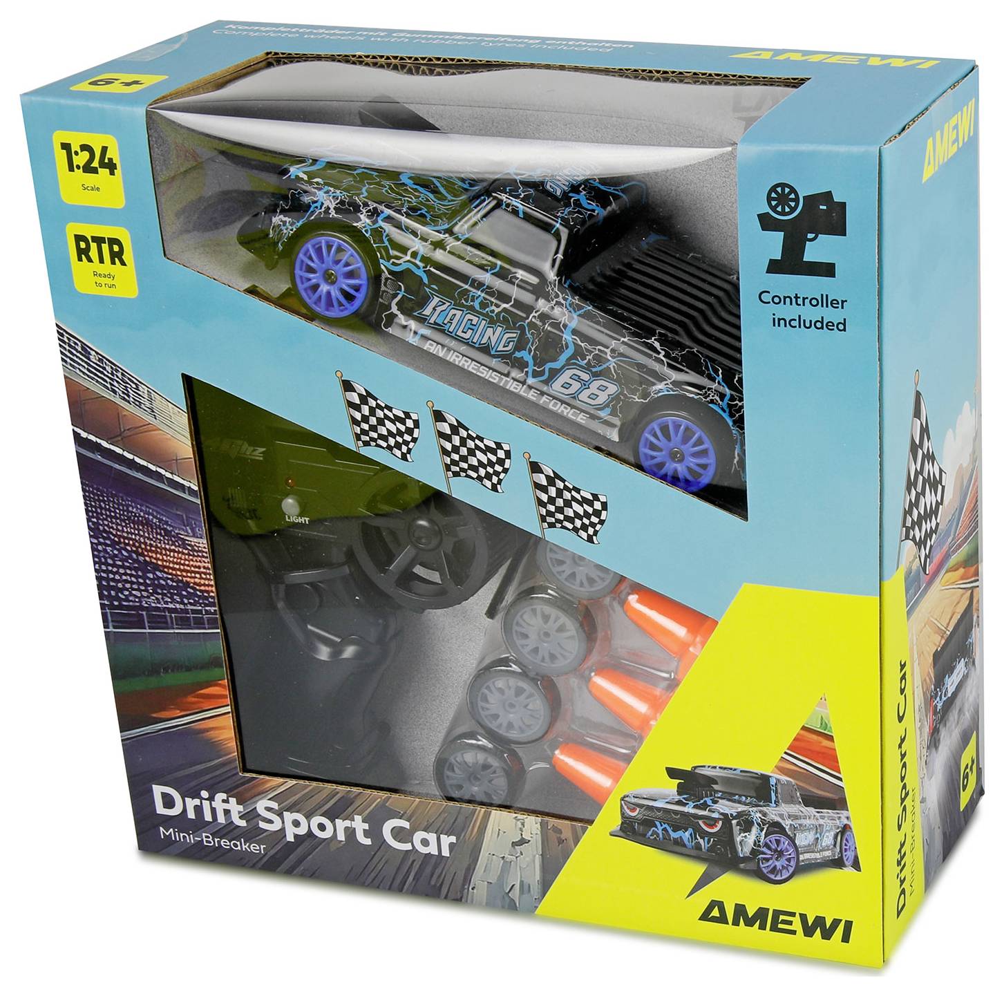 AMEWI Drift Sport Car RC igraća set u kutiji, 1:24 RTR, kontroler uključen, prikazuje crni trkaći automobil i rezervne točkove.