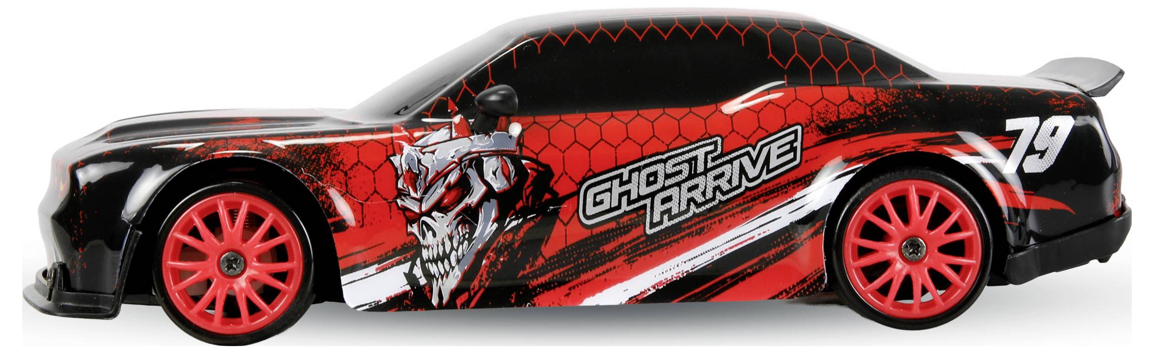 Crveni i crni trkaći automobil sa grafikom s lubanjom i Ghost Arrive brendiranjem, broj 79 na stražnjoj strani, prikazan u bočnom pogledu.
