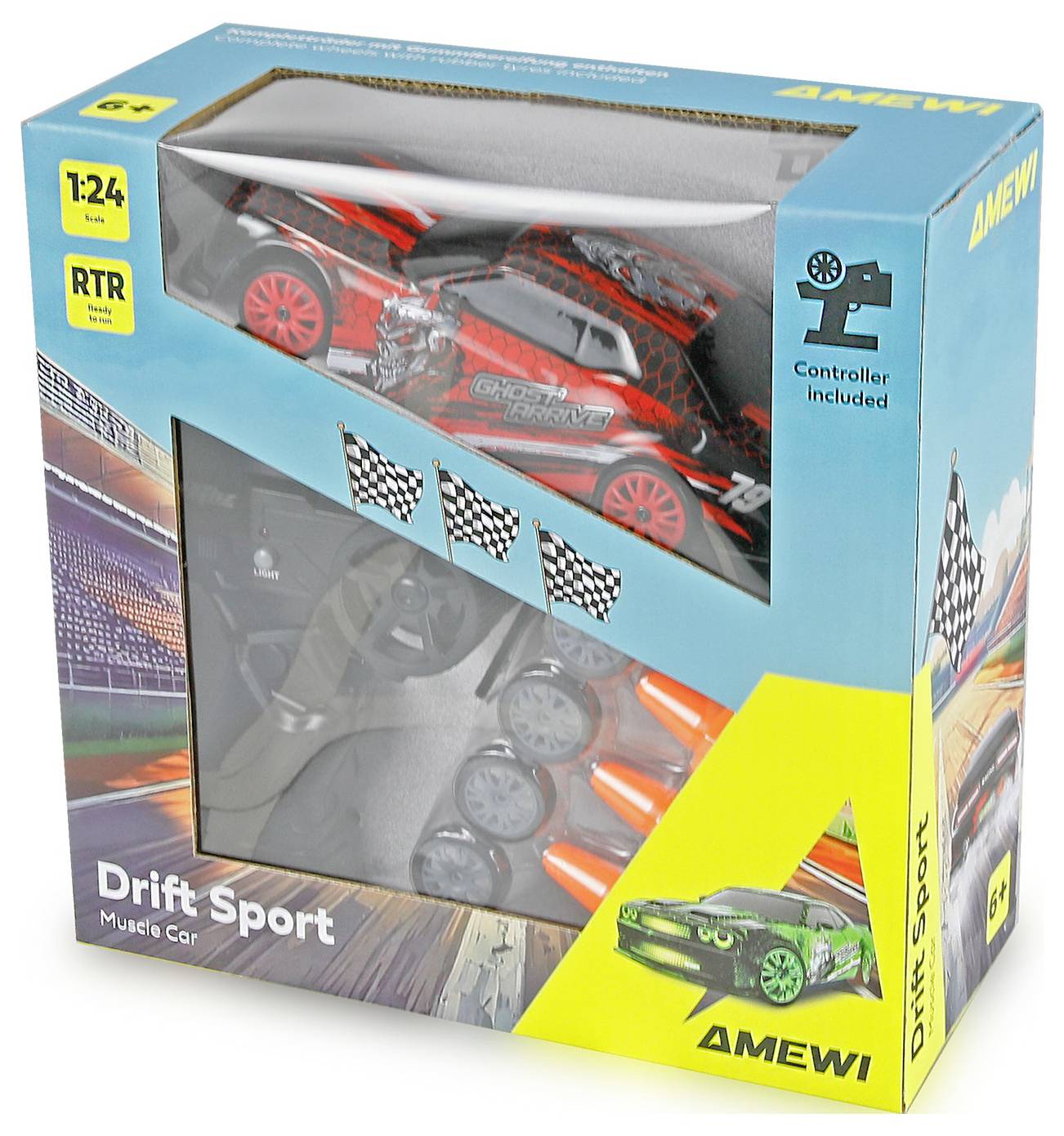 Pakirana AMEWI 1:24 Drift Sport RC autić serija, sa crvenim drift automobilom i uključenim daljinskim upravljačem.