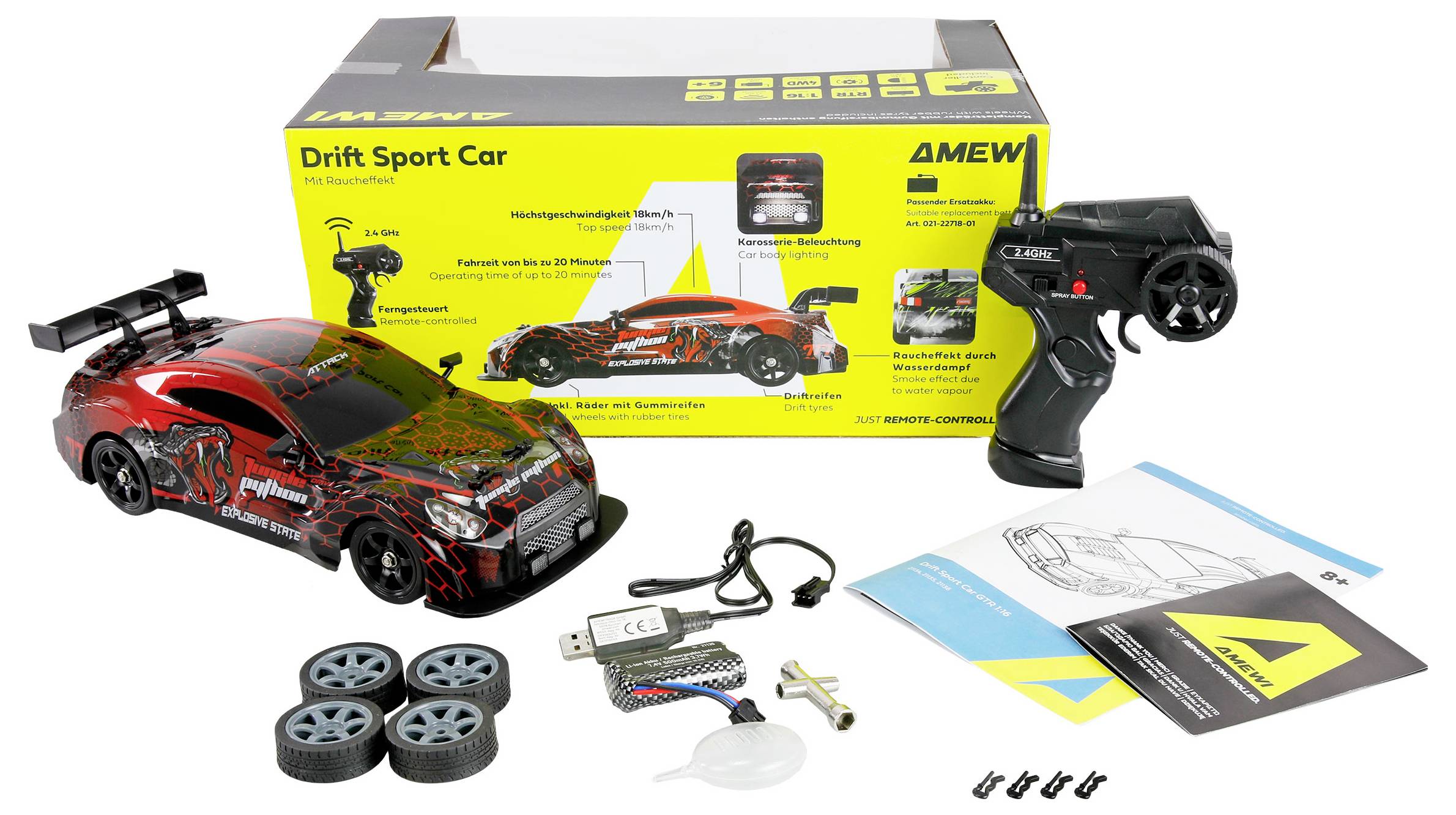 RC drift sportski automobil set sa daljinskim upravljačem, baterijom, punačem, rezervnim kotačima, uputama i dodacima prikazani ispred kutije proizvoda.