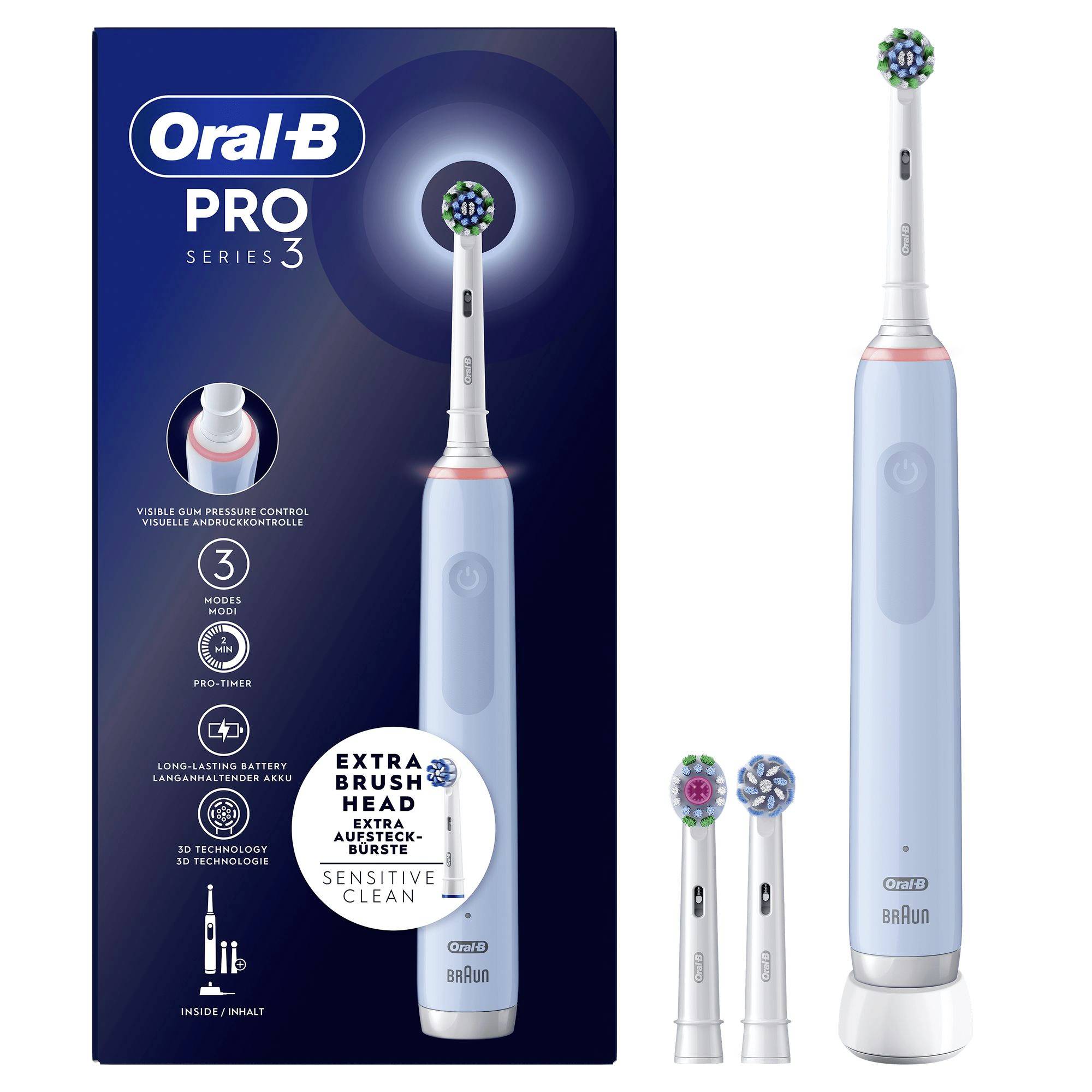 Oral-B Pro Series 3 električna četkica za zube prikazana s pakovanjem i dodatnim glavama četkice; plava ručka s okruglom glavom četkice i oznakom 'Sensitive Clean'.