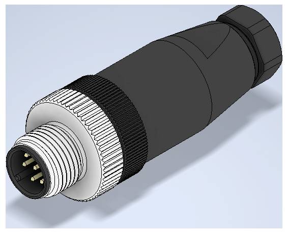 Detaljni prikaz cilindričnog industrijskog električnog konektora s navojnom metalnom prednjom stranom i crnom kućištem, prikazan u 3D na svijetloj pozadini.