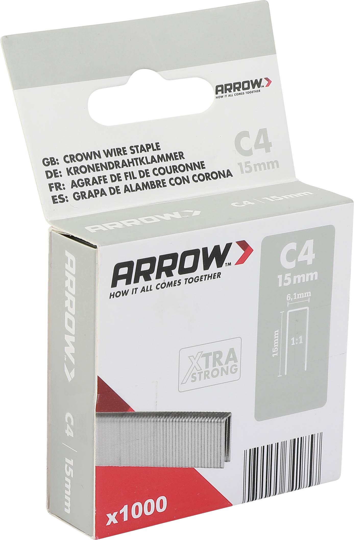 # Arrow C4 15mm vrhunske žične spajalice u kutiji, oznake x1000 i XTRA STRONG, prikazane u maloprodajnom pakiranju s barkôdom i multijezičnim tekstom proizvoda.