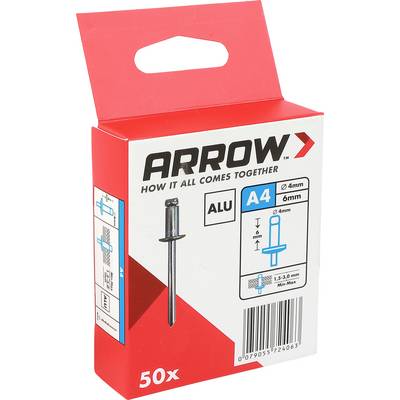 Crvena kutija ARROW A4 aluminijskih slijepih zakovica, paket od 50 komada, s dijagramom proizvoda i barkod na prednjoj strani.