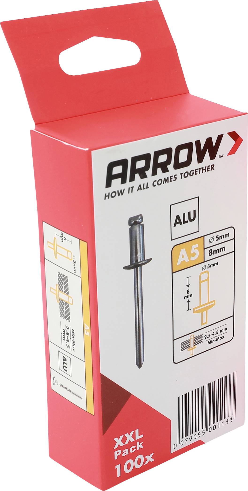 Crvena kutija za ARROW pakiranja za aluminijske A5 spojnice, prikazana uspravno s ilustracijom proizvoda i tekstom 'XXL paket 100x'.