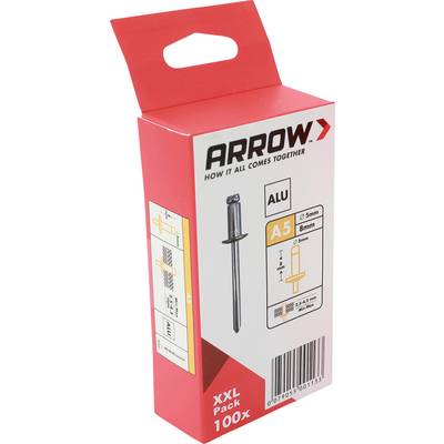 Crvena kutija za ARROW pakiranja za aluminijske A5 spojnice, prikazana uspravno s ilustracijom proizvoda i tekstom 'XXL paket 100x'.