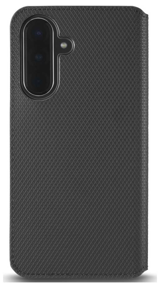 Crni tekstuirani futrola za pametni telefon s okomitim izrezom za trostruku kameru i otvorom za bljesak na poleđini.