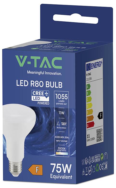 V-TAC LED R80 žarulja kutija sa 75W ekvivalentom, 11W, 1055 lumena, topla bijela 3000K, sa EU energetskom oznakom F.