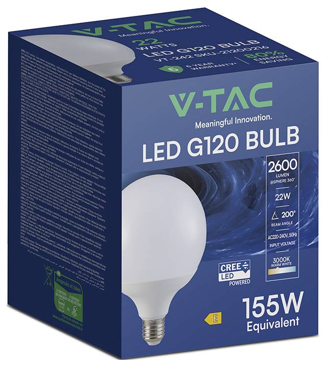 Kutija V-TAC LED G120 sijalice, prikazujući sliku proizvoda i ključne specifikacije: 2600 lumena, 22W, 3000K topla bijela, kut zraka od 200°, ekvivalent od 155W.